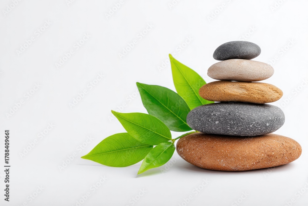 Obraz premium Zen balance and tranquility concept with stacked smooth stones and green leaf on white background for wellness and spa themes