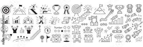 Doodle line icon set of business success career growth leadership and achievement vector illustration for web design isolated on white background