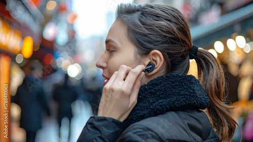 Woman Spy Adjusting Earpiece in Crowded City Street