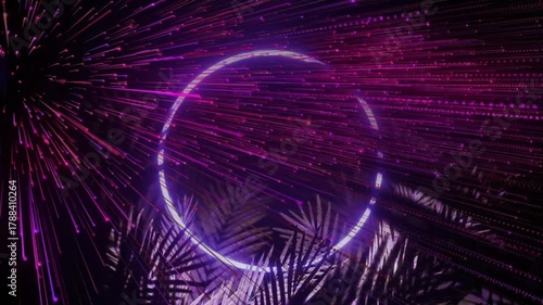 Left radial emitter launching magenta streaks, neon ring closing and pulsing, lighting palm fronds