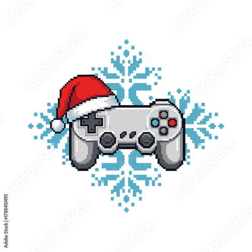 Christmas holiday pixel art illustration featuring a video game controller wearing a Santa hat with a snowflake background.