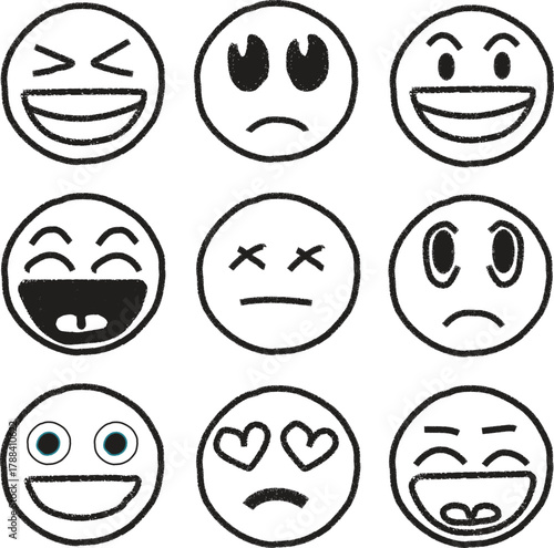 Collection of handdrawn emoji faces with various expressions