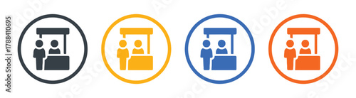 booth, stall, stand, kiosk, market, shop, retail, sale, promotion, event, exhibition, display, icon, symbol, graphic, design, vector, dark gray, yellow, blue, orange, people, customer, vendor, service