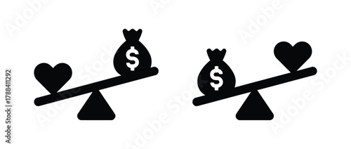 balance scale, scales of justice, weighing, comparison, money, heart, love, finance, wealth, emotion, choice, decision, concept, icon, set, two, graphic, design element, silhouette, black and white, i