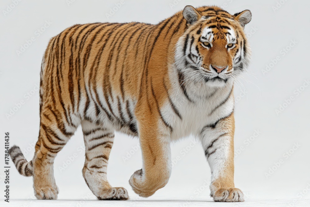 Obraz premium Vibrant tiger walking confidently in a controlled studio setting