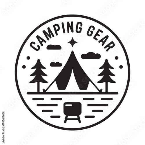 Vintage camping gear emblem with tent trees and campfire