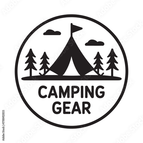 Camping gear emblem with tent and trees