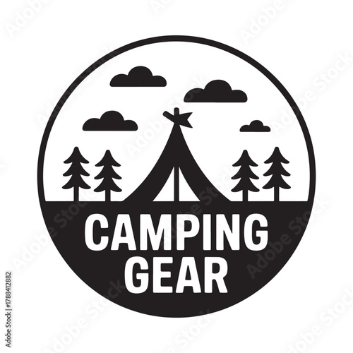 Camping gear emblem with tent trees and clouds