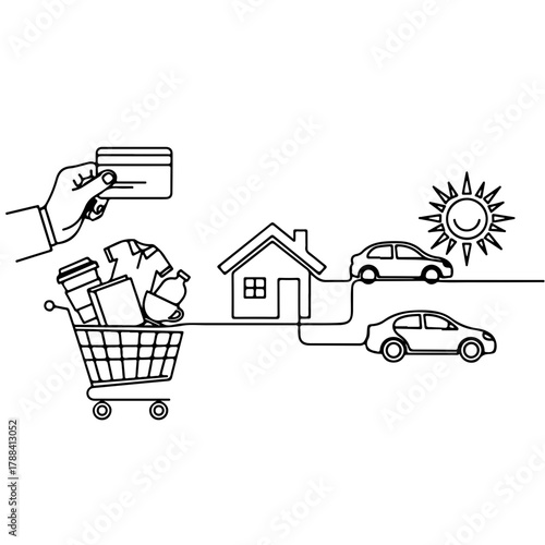 Effortless online shopping connecting to home and cars simple line art