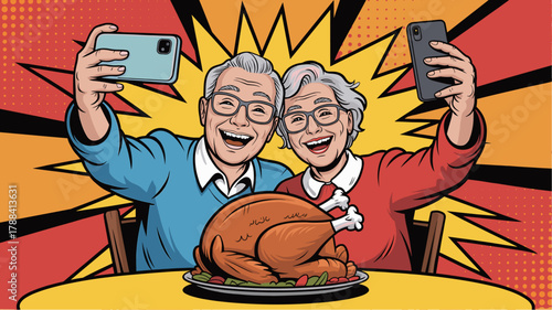 Elderly couple taking selfies with turkey on table bright pop art vector style