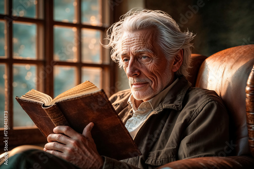 Elderly man enjoys reading a book by a sunny window in a cozy setting
