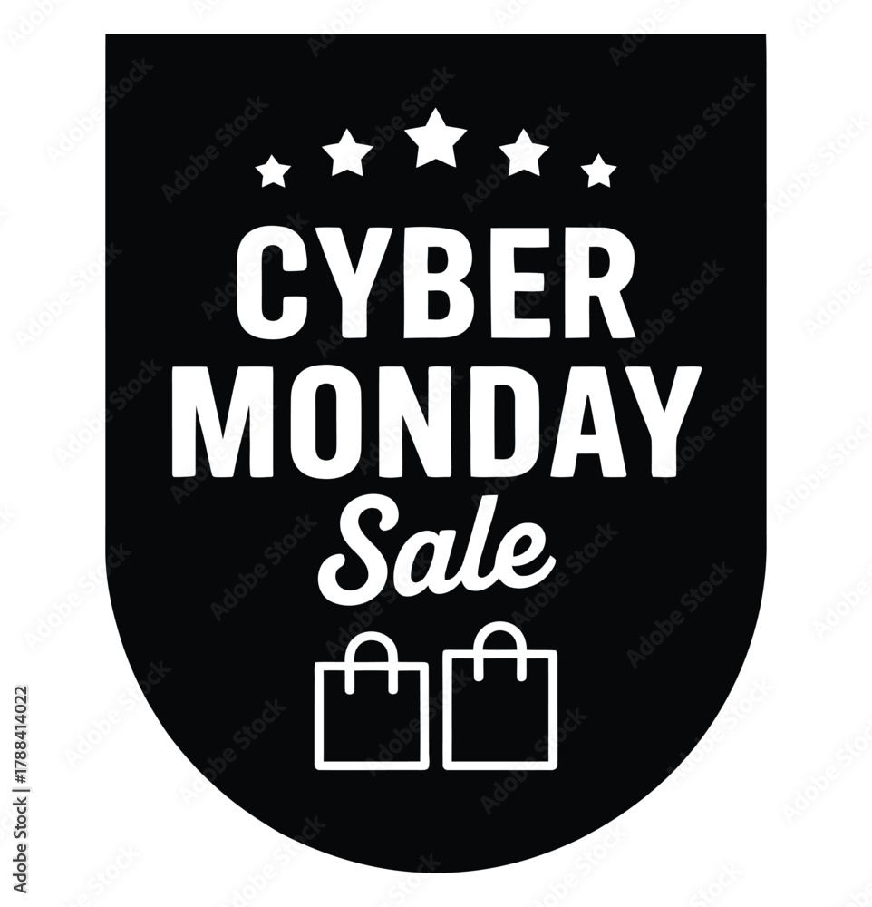Obraz premium Cyber Monday SALE black shield graphic with white stars, bold and cursive text, and shopping bag icons, ecommerce design for online deals 