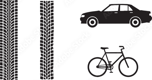 Tire tracks, car, and bicycle icons A collection of simple black and white illustrations for transportation and travel themes
