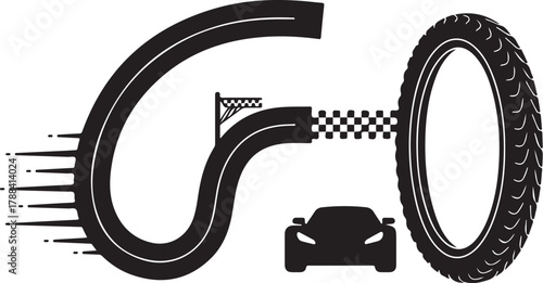 Go!" text graphic with race track, car, finish line, and tire. A dynamic design representing speed and competition, perfect for sports or racing themes