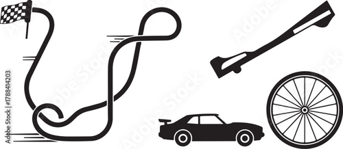 Monochrome vector icon set representing the concept of speed and automotive competition with a race track, sports car, and vehicle parts