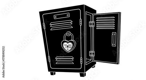 Heart Shaped Lock on School Locker with Open Door and Empty Compartment Storage Solution Black and White Vector Illustration