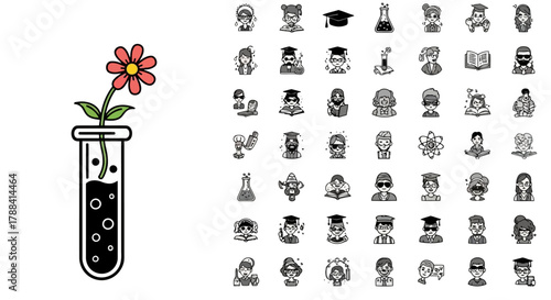 Science education icon with flower in test tube alongside set of diverse student avatars graduation caps and scientific symbols