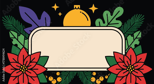 Festive Christmas frame with poinsettias and evergreen branches, perfect for holiday greetings