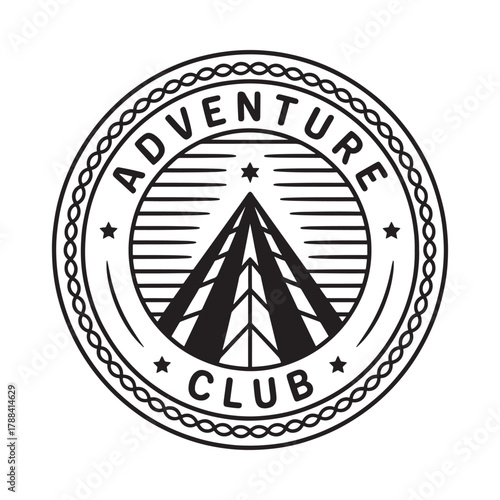 Retro adventure club emblem with mountain and trees