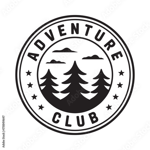Vintage adventure club emblem with trees and mountains