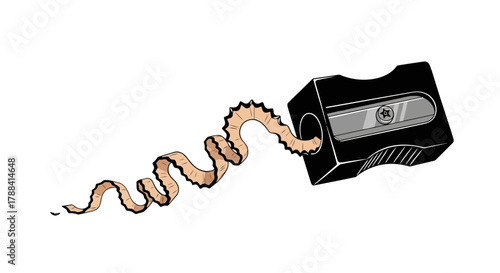 Pencil Sharpener Creating Long Continuous Wood Shavings Black and White with Color Accent Vector Illustration
