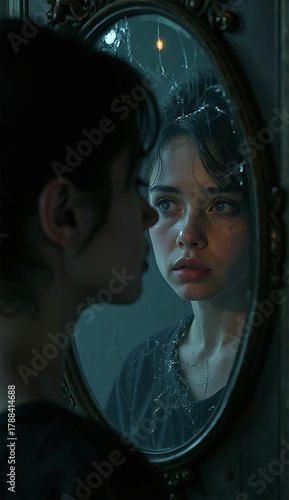 Cracked Oval Mirror Portrait Moody Reflection in Blue Light