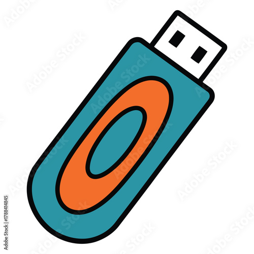 Teal and orange usb flash drive with black accents on white