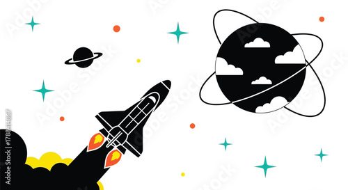 Rocket ship blasting off into starry night sky towards distant planets and nebulae.