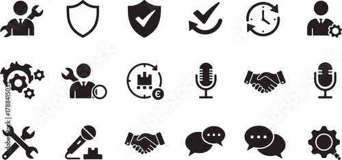 Set of black and white icons representing support, service, communication, and business collaboration concepts