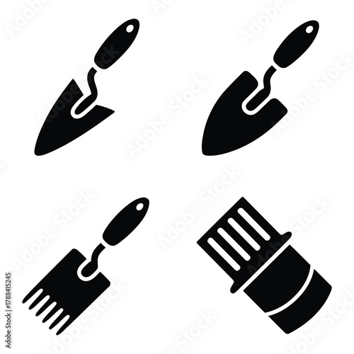 Set of four isolated garden trowel and cultivator icons on white