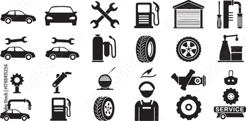 Automotive service and repair icons including cars, tools, gas pumps, tires, and mechanic symbols for graphic design