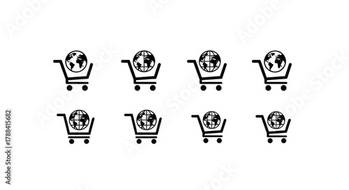 Global shopping carts with planet Earth icons symbolize worldwide e-commerce and international trade.