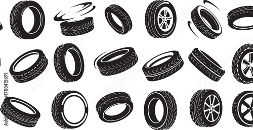 A comprehensive set of isolated black tire vector icons, showcasing different perspectives and spinning effects for automotive and transport design concepts