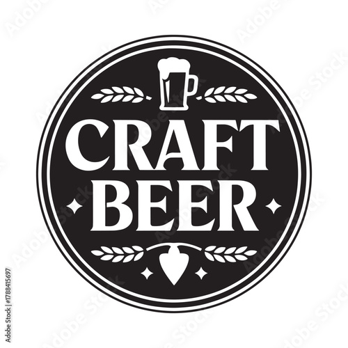 Circular craft beer emblem with beer mug and wheat stalks