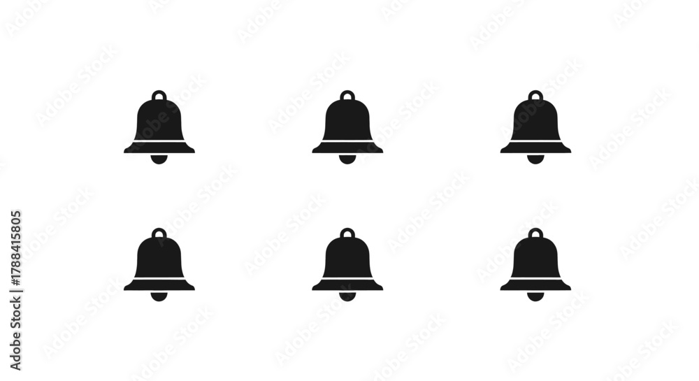 Fototapeta premium Six simple black notification bells arranged in two rows on a white background