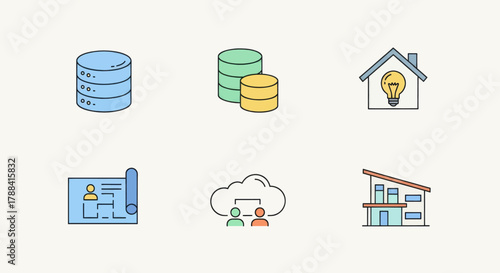 Collection of modern flat icons representing data, finance, smart home, planning, cloud computing, and architecture.