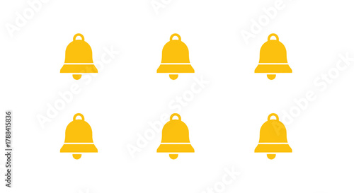 Collection of six bright yellow notification bells on a clean white background