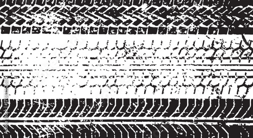 Grungy black and white tire tracks vector illustration, offering a robust and dynamic texture for rough-and-ready design elements and backgrounds
