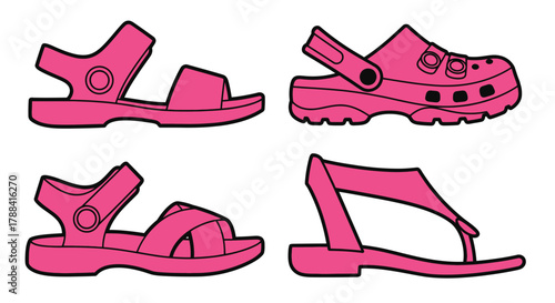Collection of vibrant pink summer sandals and clogs, perfect for warm weather adventures.