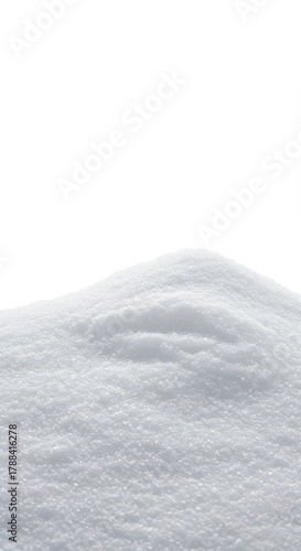 A close-up shot of a textured mound of fresh white snow resting isolated against a perfectly seamless bright white backdrop, sculpted, blank, white