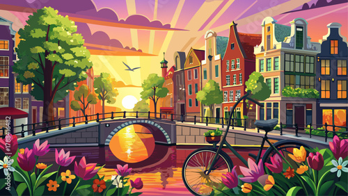 Very beautiful sunrise over Amsterdam, the Netherlands, featuring vibrant spring flowers and classic bicycles on a canal bridge, glowing warm light, calm water reflections, and a realistic charming Eu