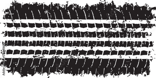 Bold black grunge tire track print featuring a rough, distressed texture, perfect for intense and worn-out aesthetic designs, symbolizing movement, power, and ruggedness