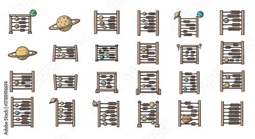 Set of abacus with planets and celestial bodies representing astronomy mathematics and scientific learning on white background