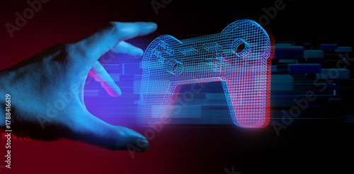 gamer playing the online game with joystick controller in neon glow dark cyberpunk room, gaming and e-sports challenge tournament streaming, streamer with analog device