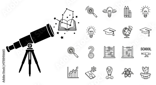 Telescope exploring open book with stars, magnifying glass, lightbulb, graduation cap, globe, abacus and school icons