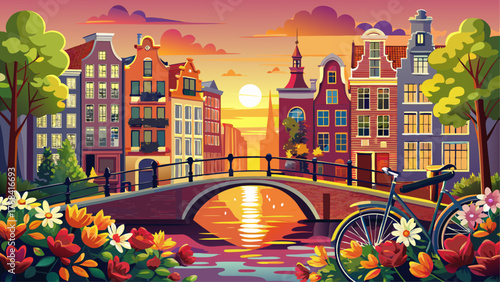 Very beautiful sunrise over Amsterdam, the Netherlands, featuring vibrant spring flowers and classic bicycles on a canal bridge, glowing warm light, calm water reflections, and a realistic charming Eu