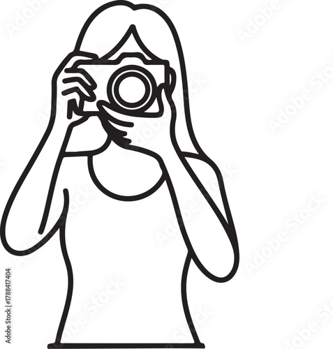 Line art illustration of a girl taking a photograph with a camera