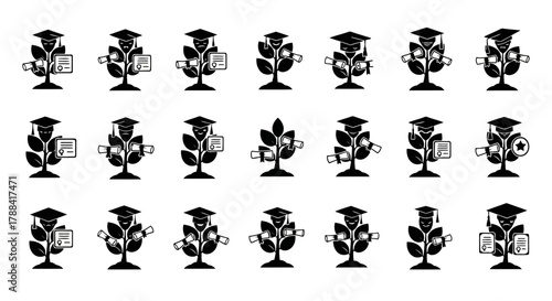Graduation Tree Icon Set Education Growth Success Symbol Plant with Cap Diploma Business Development Isolated Collection