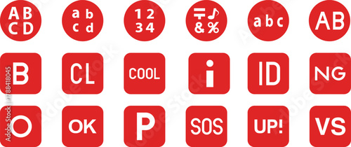 Red typography symbol icon set featuring uppercase and lowercase letters, numbers, and signs. Modern flat alphabet design for graphic and digital projects. Clean vector font style illustration.