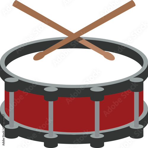 Realistic red snare drum with wooden drumsticks crossed on top, isolated percussion instrument illustration for music, band, rhythm, and sound concept design artwork.